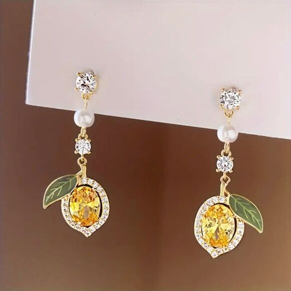 Yellow & Green Pearl & Lemon Earrings - Picture 2 of 4
